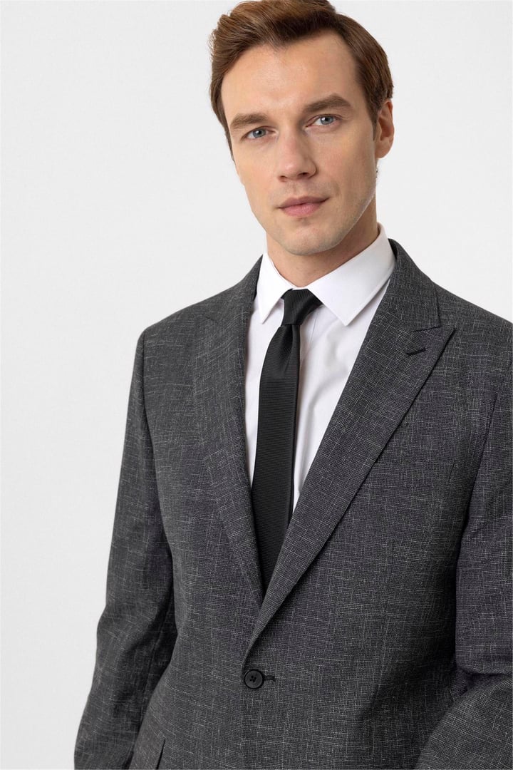 Antrasit Regular Desenli Sivri Yaka 6 Drop Klasik Takım Elbise