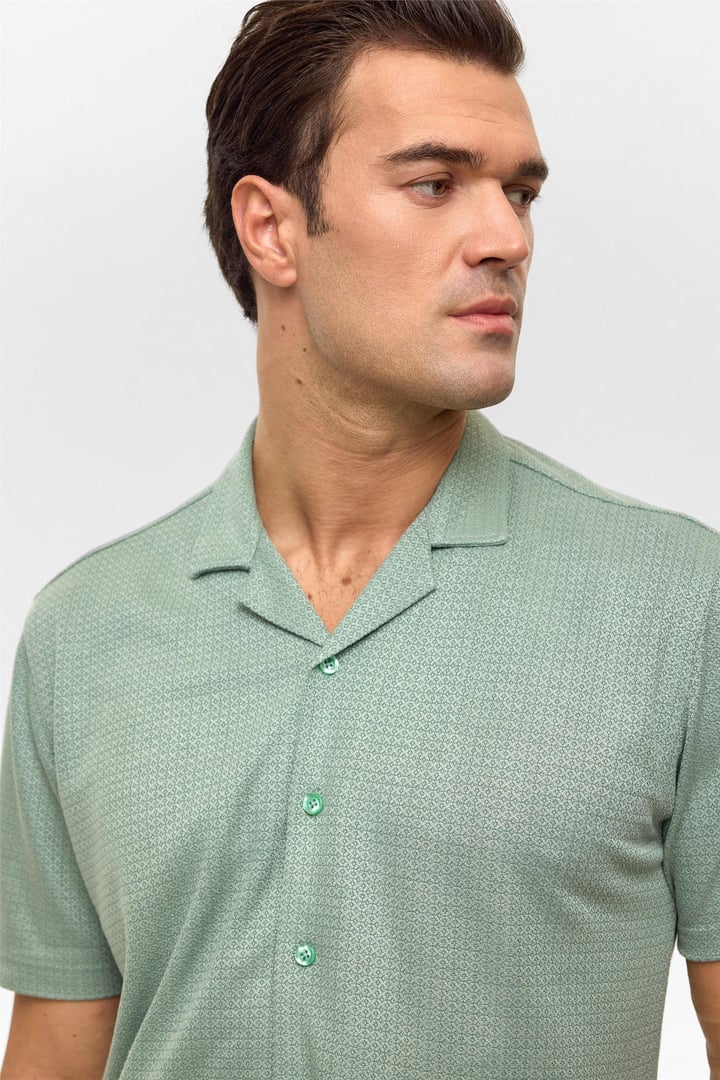 Koyu Haki Slim Desenli Apaş Yaka Gömlek