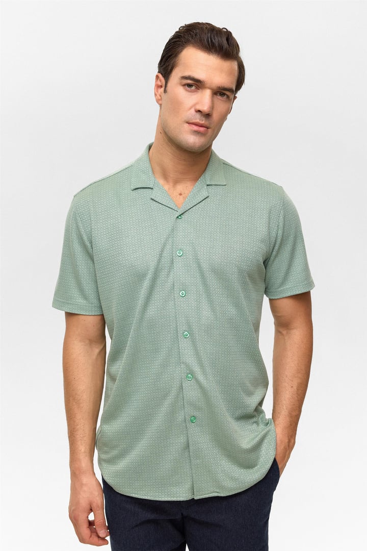 Koyu Haki Slim Desenli Apaş Yaka Gömlek