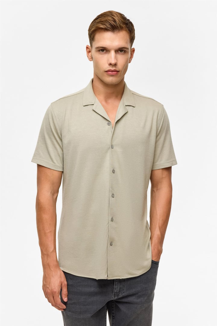 Koyu Haki Slim Fitilli Apaş Yaka Gömlek