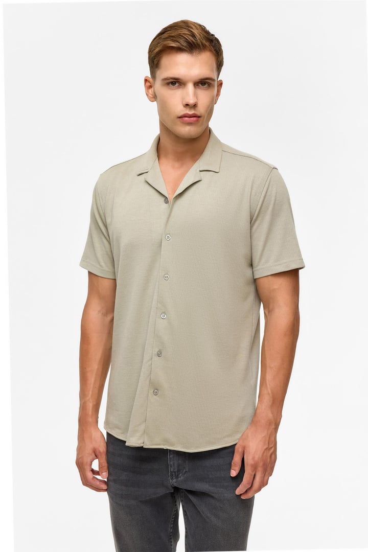 Koyu Haki Slim Fitilli Apaş Yaka Gömlek