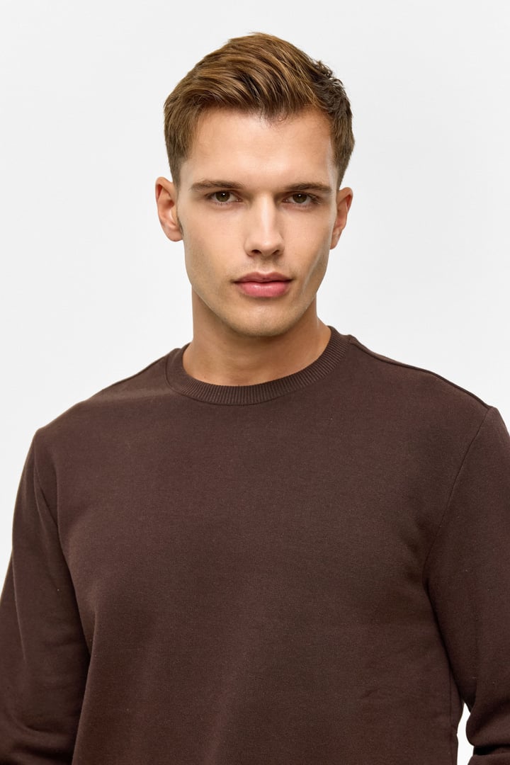 Koyu Kahve Regular Düz Bisiklet Yaka Sweatshirt
