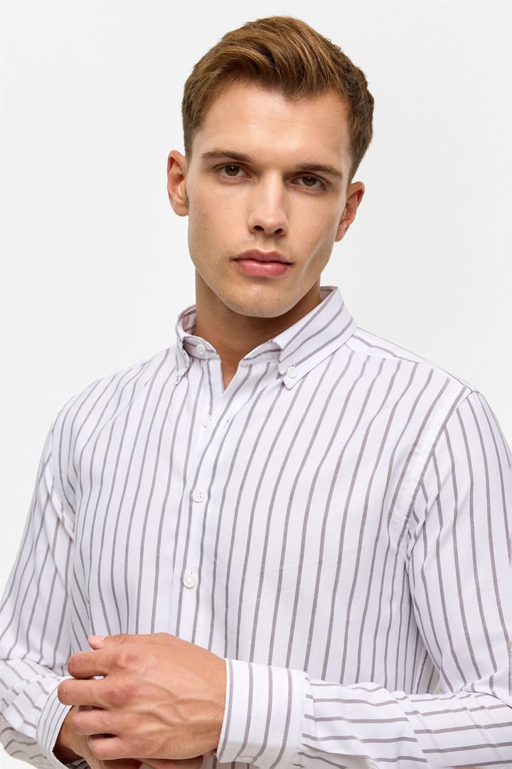 Koyu Kahve Slim Çizgili Düğmeli Yaka Gömlek