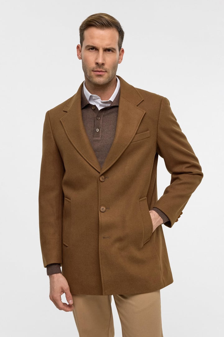 Koyu Kahve Slim Düz Mono Yaka Kaban