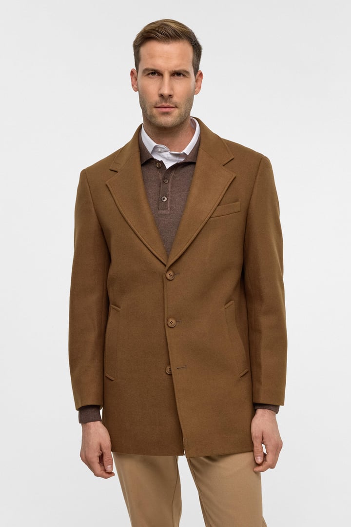 Koyu Kahve Slim Düz Mono Yaka Kaban