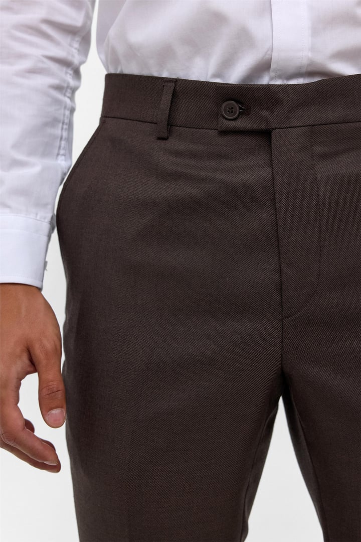 Koyu Kahve Slim Fit Armürlü Kumaş Pantolon
