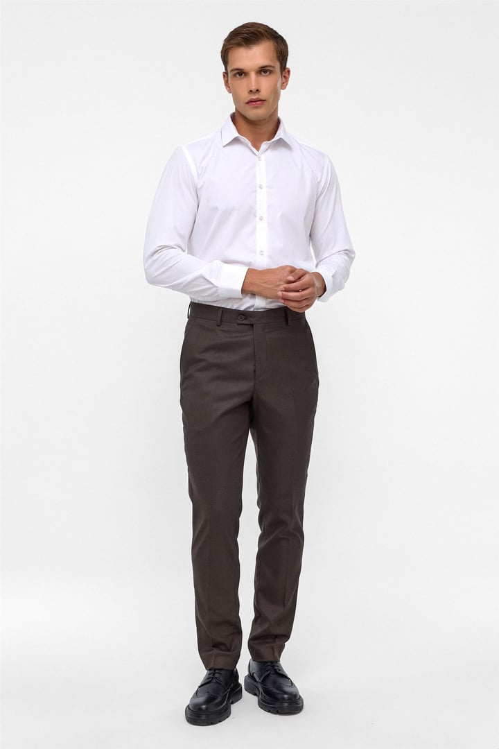 Koyu Kahve Slim Fit Armürlü Kumaş Pantolon