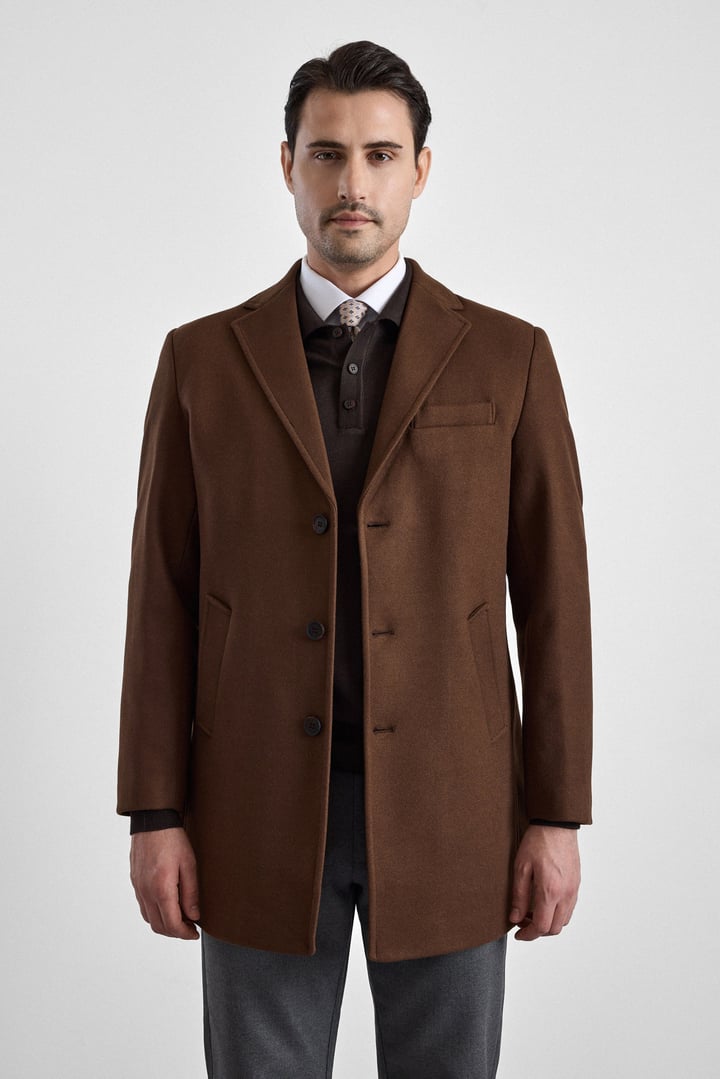 Koyu Kahve Slim Mono Yaka Düz Yan Cepli Düğmeli Dolgusuz Rüzgar Geçirmez Kaban