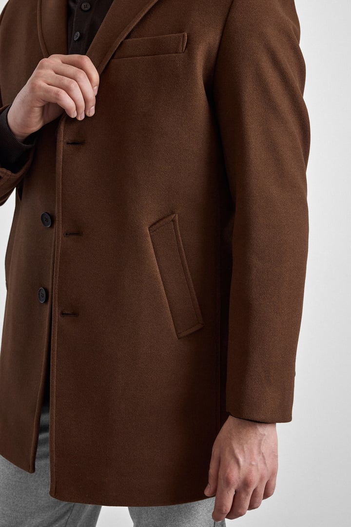 Koyu Kahve Slim Mono Yaka Düz Yan Cepli Düğmeli Dolgusuz Rüzgar Geçirmez Kaban