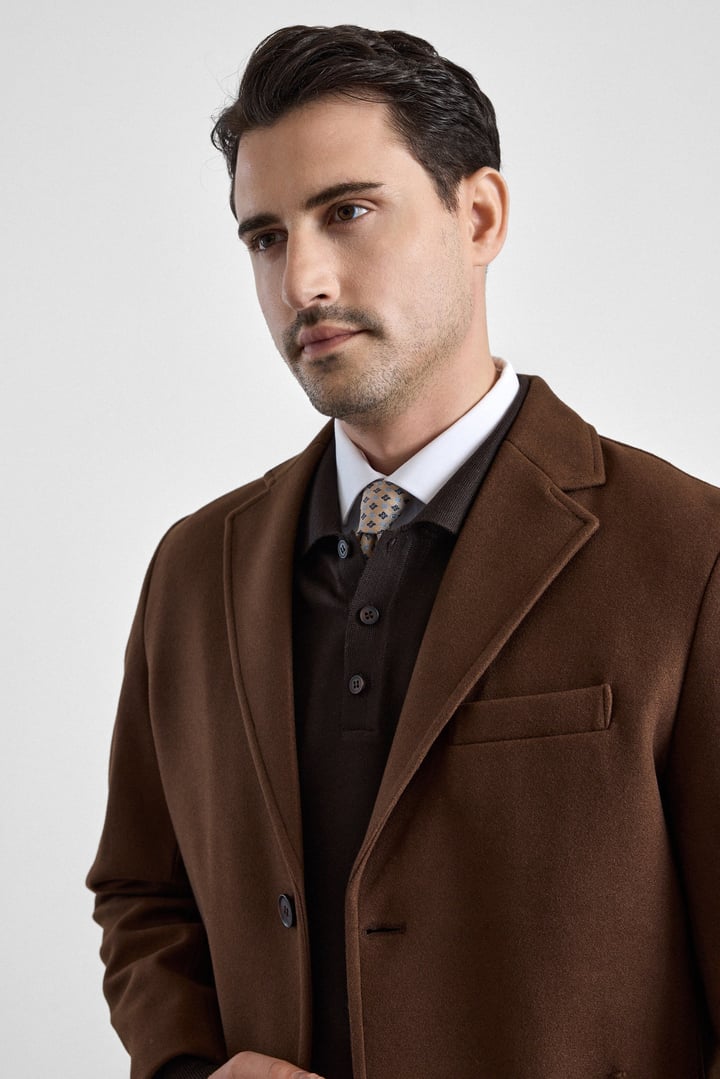 Koyu Kahve Slim Mono Yaka Düz Yan Cepli Düğmeli Dolgusuz Rüzgar Geçirmez Kaban