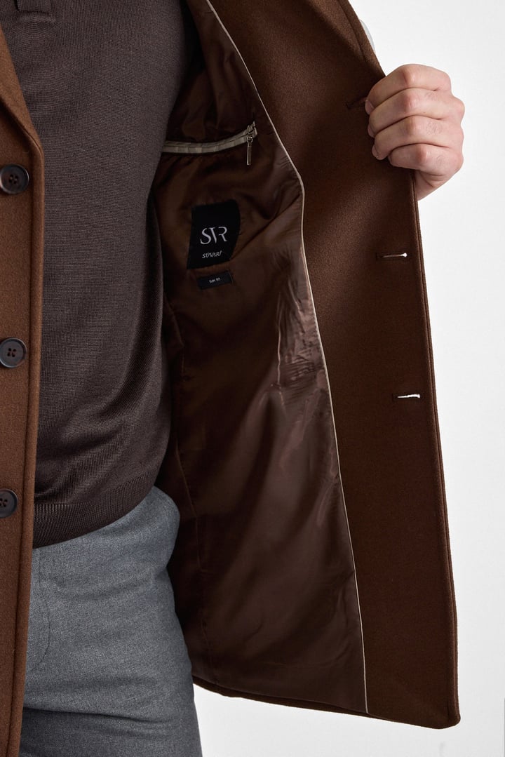Koyu Kahve Slim Mono Yaka Düz Yan Cepli Düğmeli Dolgusuz Rüzgar Geçirmez Kaban
