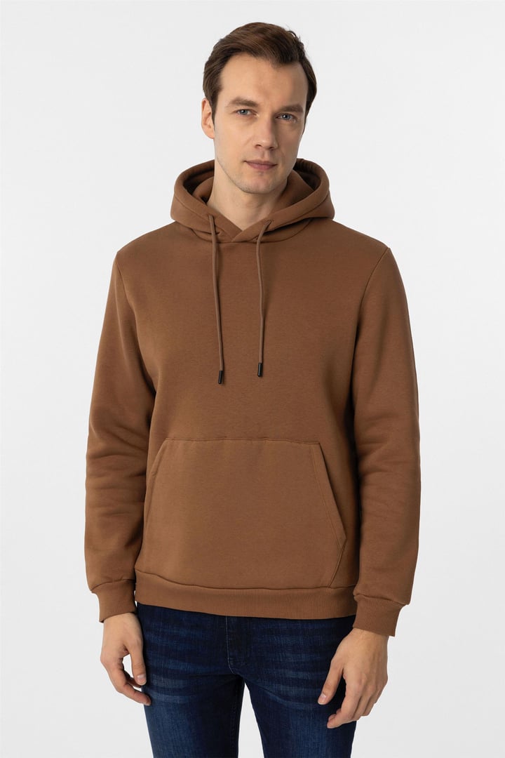 Kiremit Regular Düz Kapüşonlu Yaka Sweatshirt