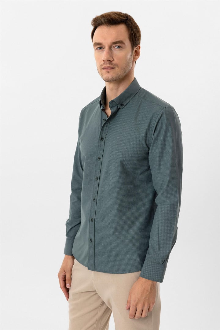 Koyu Yeşil Slim Fit Baskılı Düğmeli Yaka Gömlek