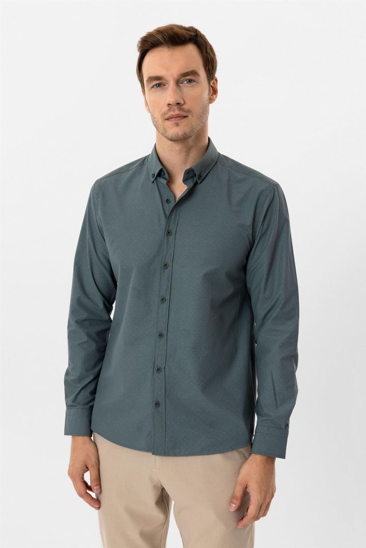 Koyu Yeşil Slim Fit Baskılı Düğmeli Yaka Gömlek