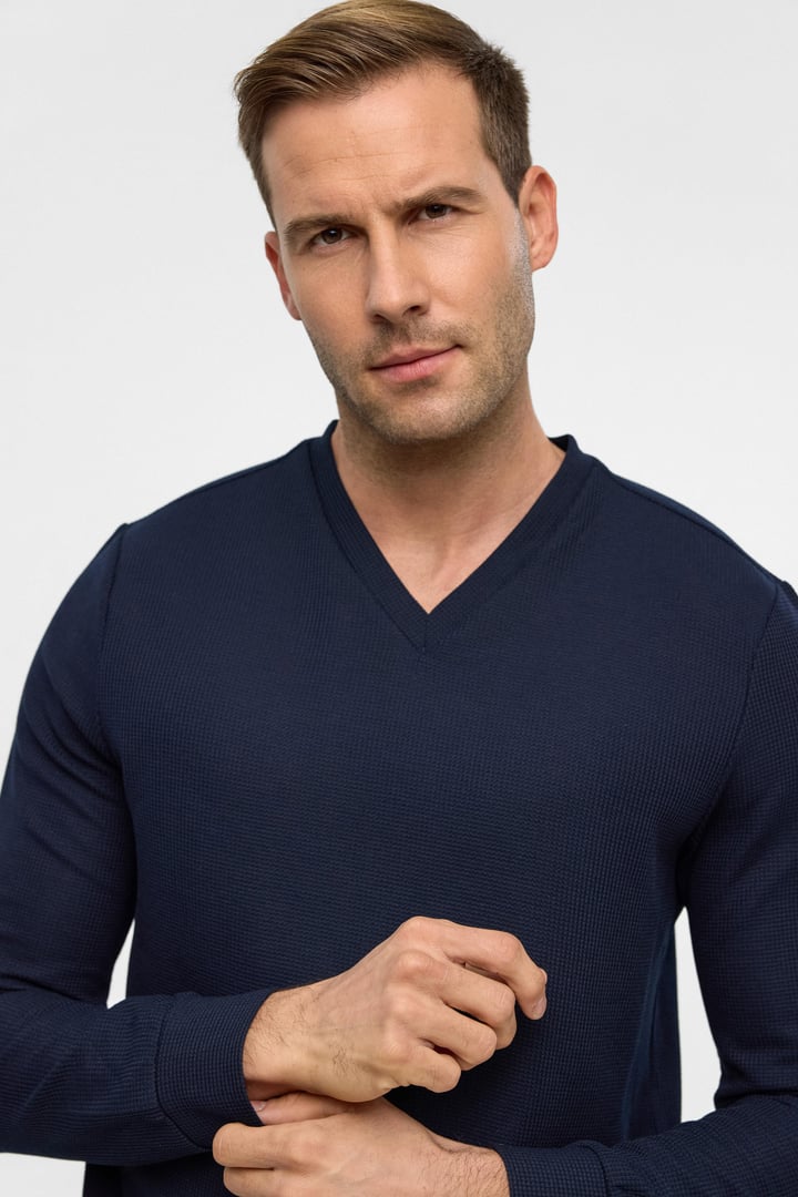 Lacivert Regular Armürlü V Yaka Triko