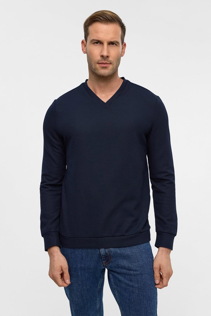 Lacivert Regular Armürlü V Yaka Triko