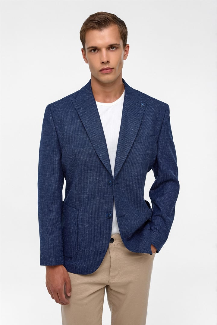 Lacivert Regular Desenli Sivri Yaka 4 Drop Ceket