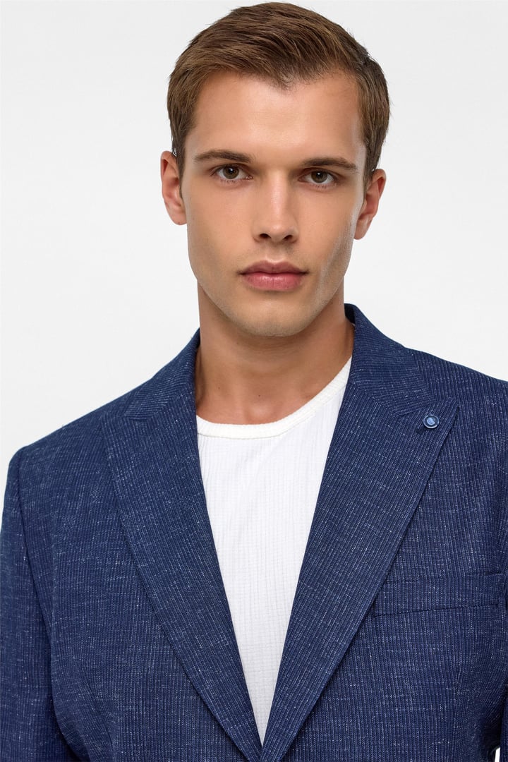 Lacivert Regular Desenli Sivri Yaka 4 Drop Ceket