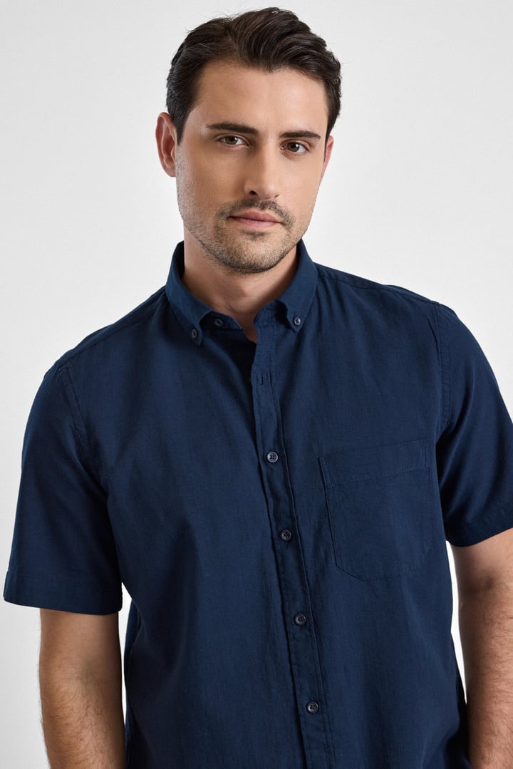 Lacivert Regular Düğmeli Yaka Düz Kısa Kollu Casual Gömlek