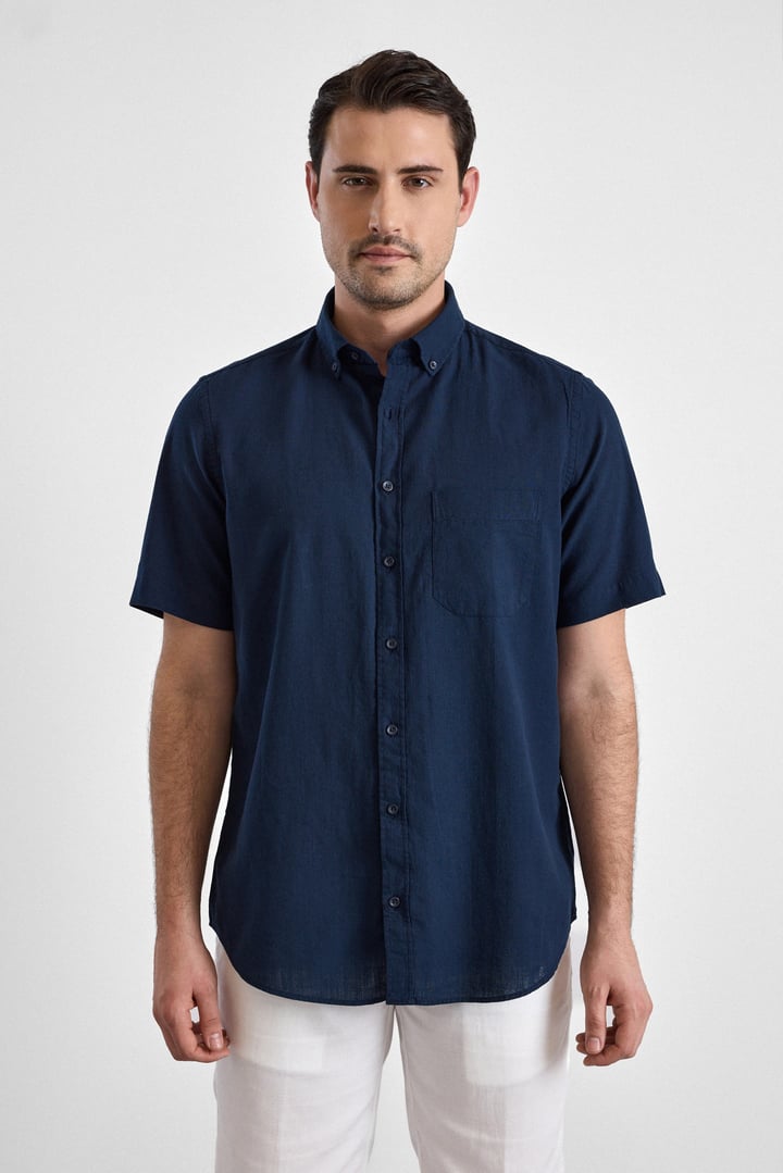Lacivert Regular Düğmeli Yaka Düz Kısa Kollu Casual Gömlek