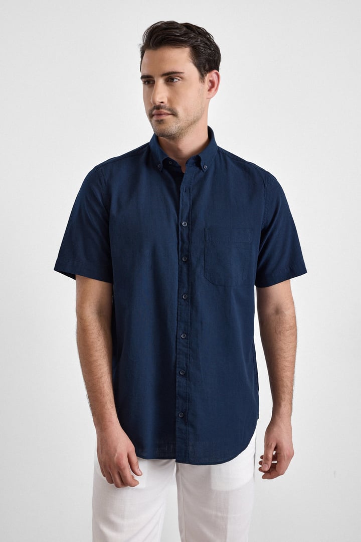 Lacivert Regular Düğmeli Yaka Düz Kısa Kollu Casual Gömlek