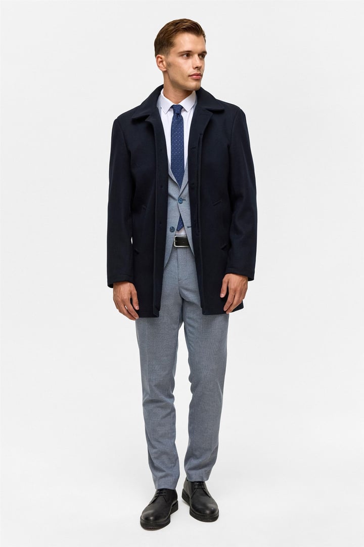 Lacivert Regular Düz Bebe Yaka Kaban