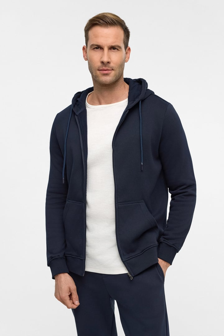 Lacivert Regular Düz Bisiklet Yaka Fermuarlı Sweatshirt