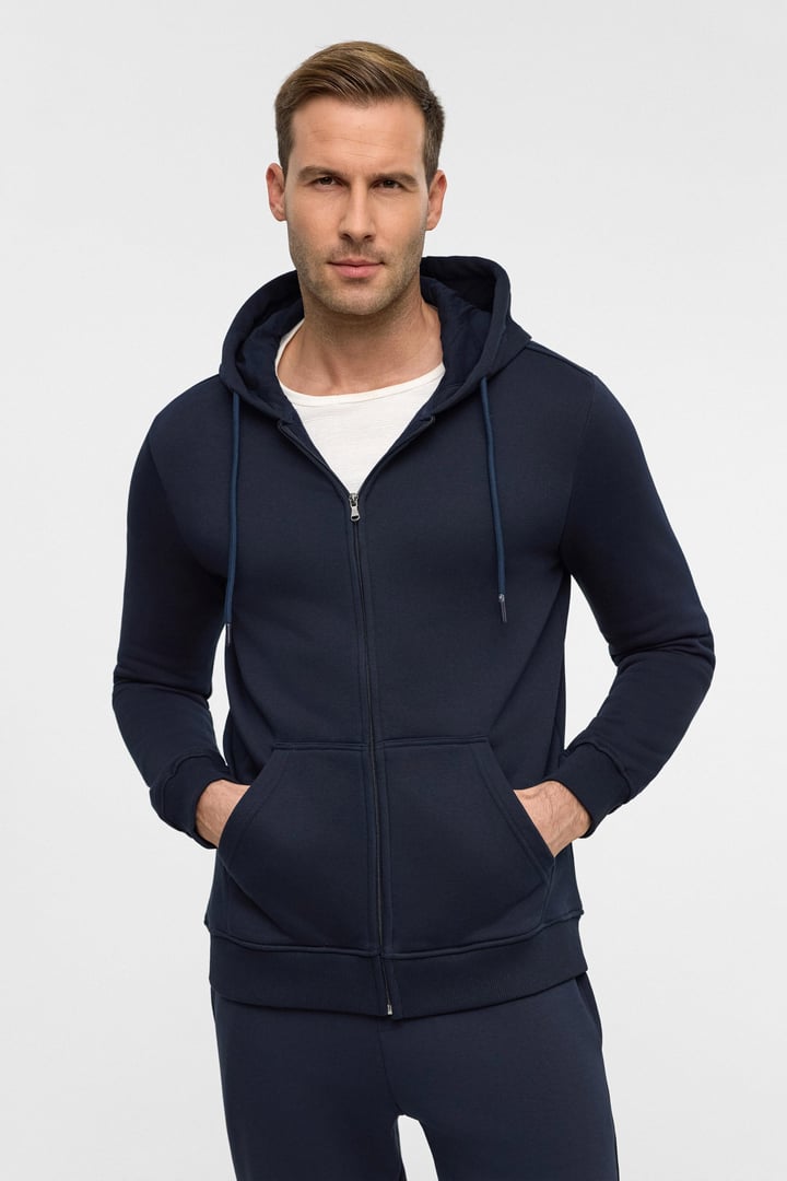 Lacivert Regular Düz Bisiklet Yaka Fermuarlı Sweatshirt