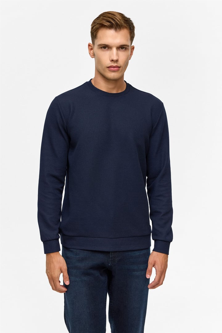 Lacivert Regular Düz Bisiklet Yaka Sweatshirt