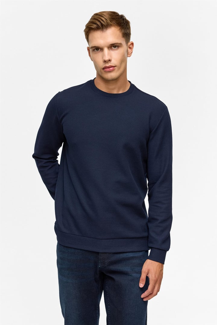 Lacivert Regular Düz Bisiklet Yaka Sweatshirt