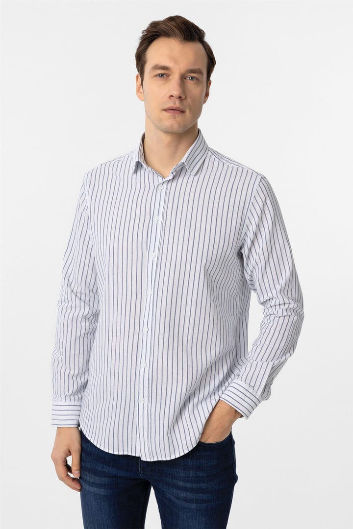 Lacivert Regular Fit Düz Düğmeli Yaka Çizgili Gömlek