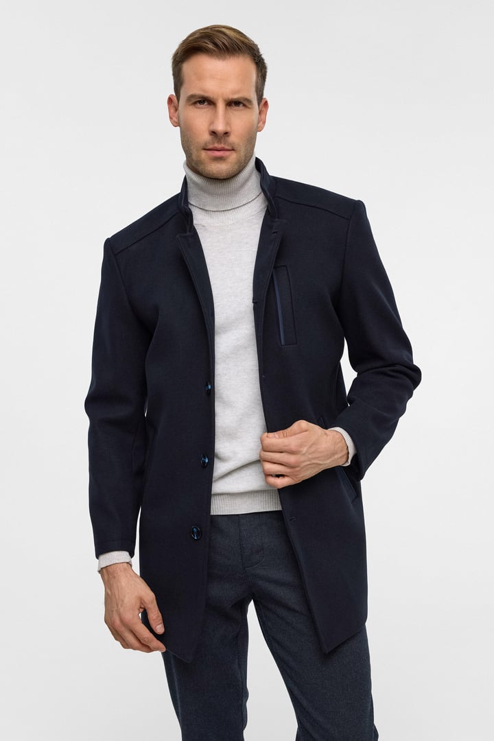 Lacivert Regular Düz Hakim Yaka Kaban