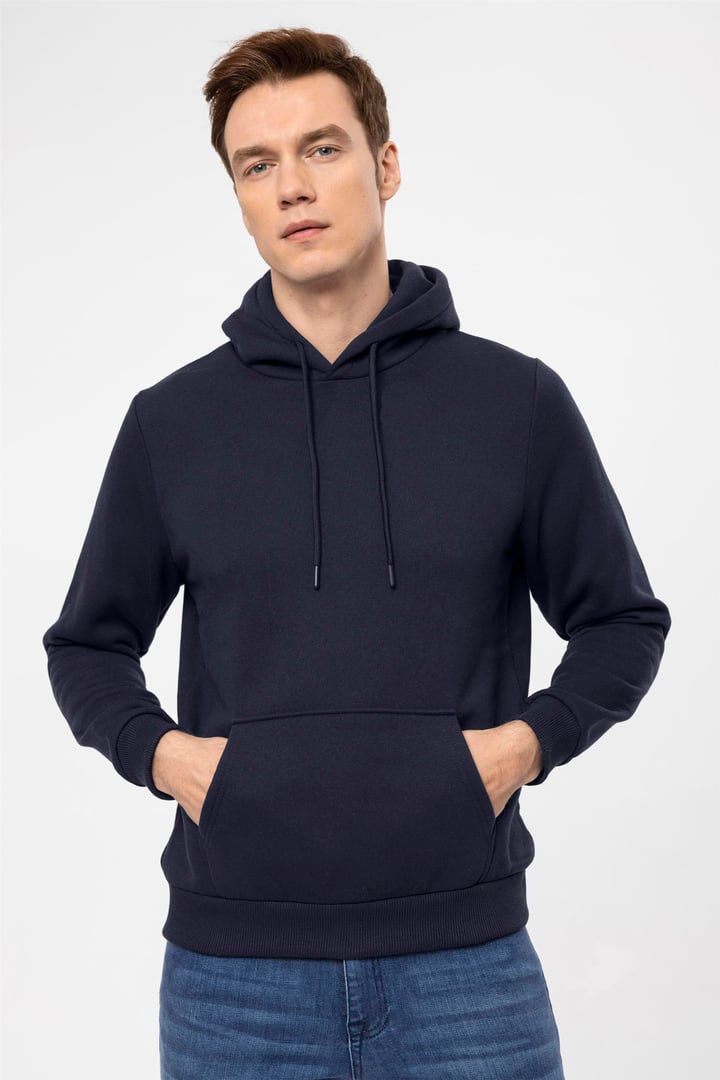 Lacivert Regular Düz Kapüşonlu Yaka Sweatshirt