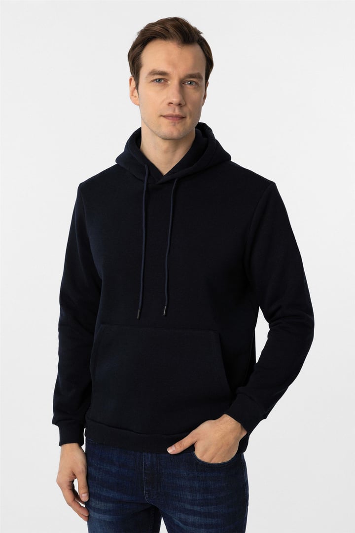 Lacivert Regular Düz Kapüşonlu Yaka Sweatshirt