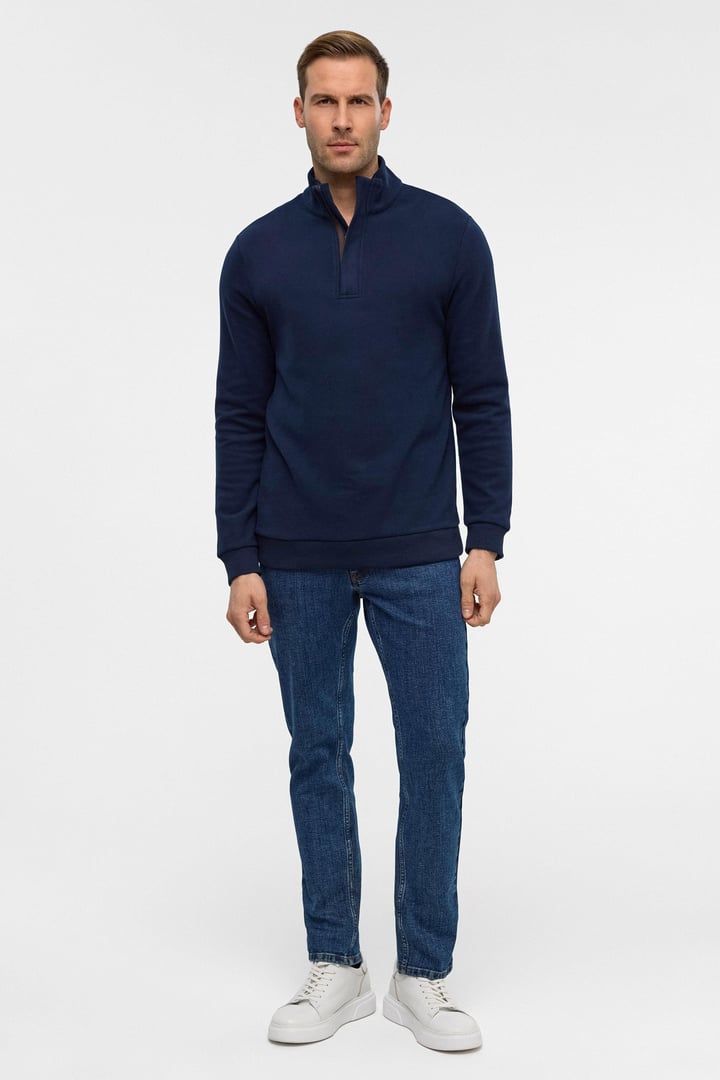 Lacivert Regular Düz Polo Yaka Sweatshirt