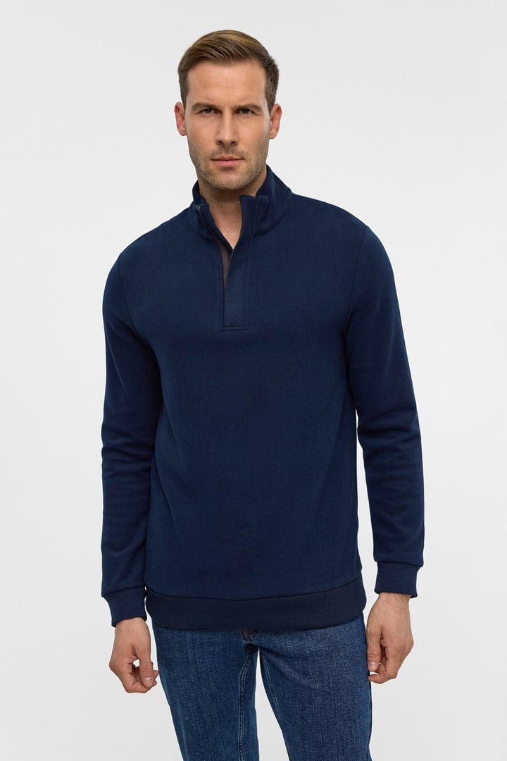 Lacivert Regular Düz Polo Yaka Sweatshirt