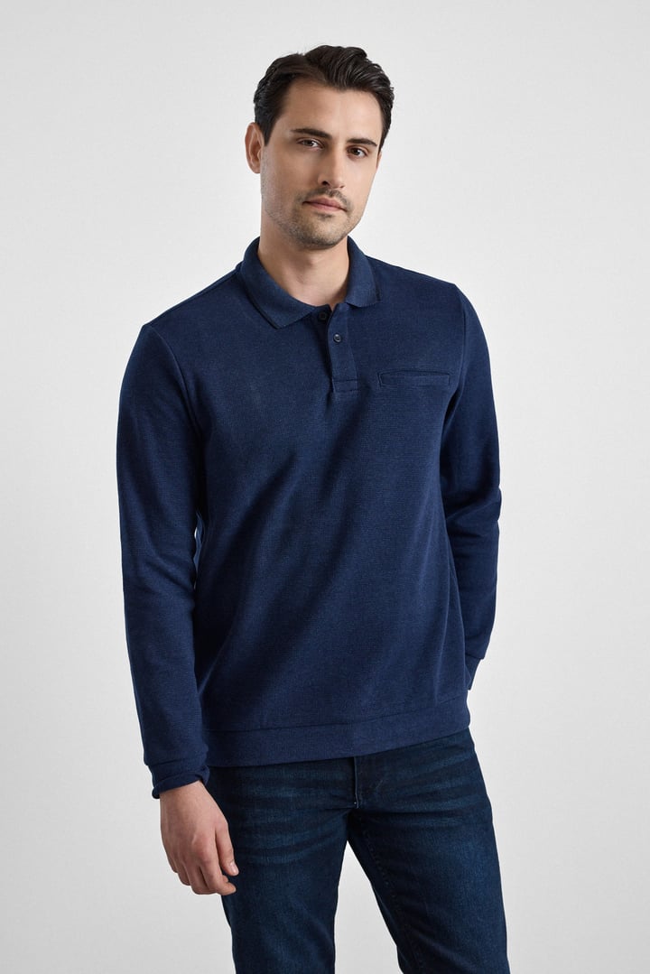 Lacivert Regular Düz Polo Yaka Sweatshirt