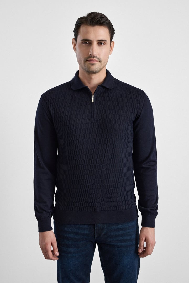 Lacivert Regular Fermuarlı Polo Yaka Kazak