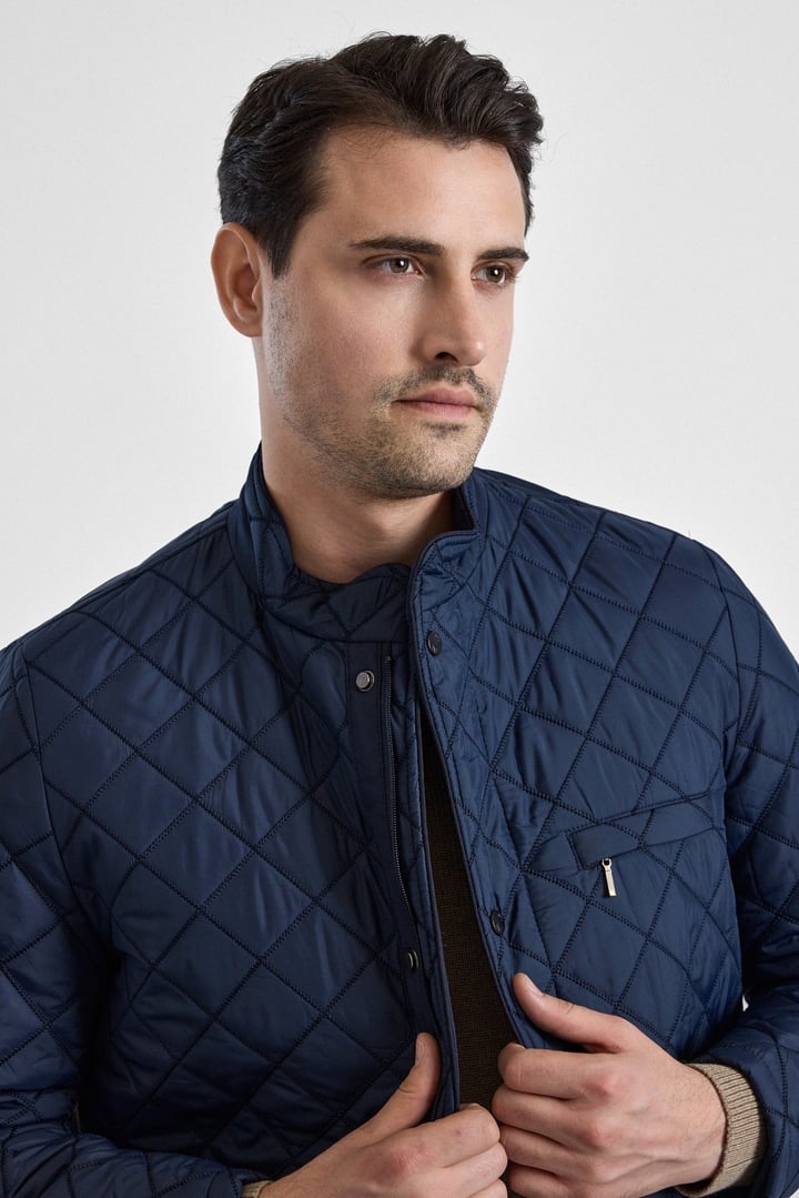 Lacivert Regular Klasik Yaka Düz Yan Cepli Fermuar Kapitone Su Geçirmez Mont