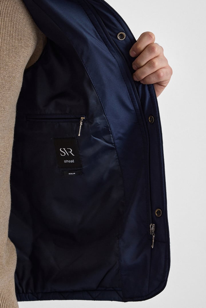 Lacivert Regular Klasik Yaka Düz Yan Cepli Fermuar Kapitone Su Geçirmez Mont