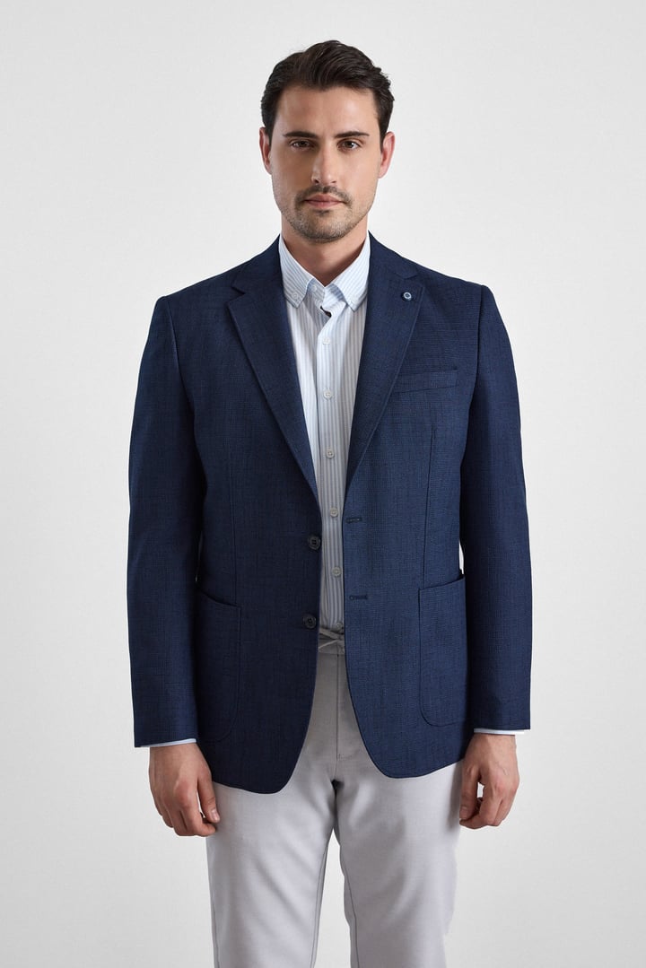 Lacivert Regular Mono Yaka Torba Cep 6 Drop Klasik Ceket