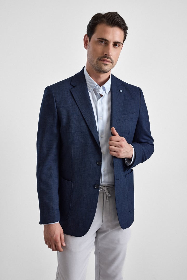 Lacivert Regular Mono Yaka Torba Cep 6 Drop Klasik Ceket