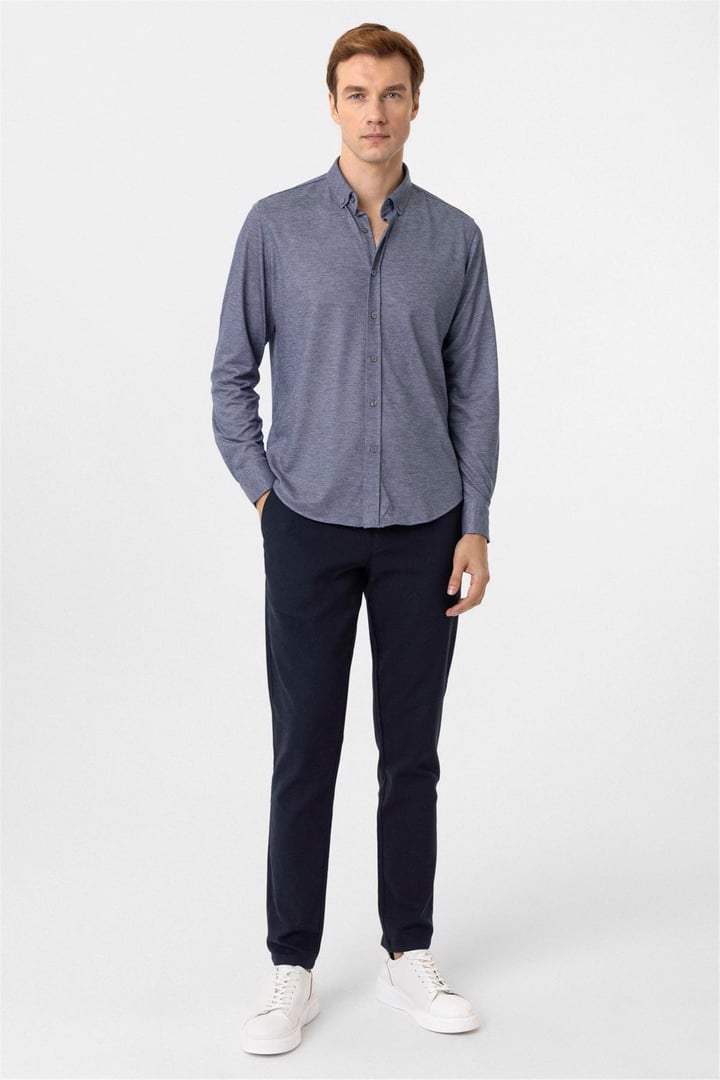 Lacivert Slim Fit Armürlü Düğmeli Yaka Gömlek