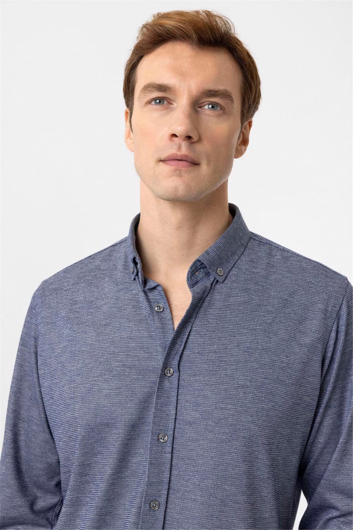 Lacivert Slim Fit Armürlü Düğmeli Yaka Gömlek