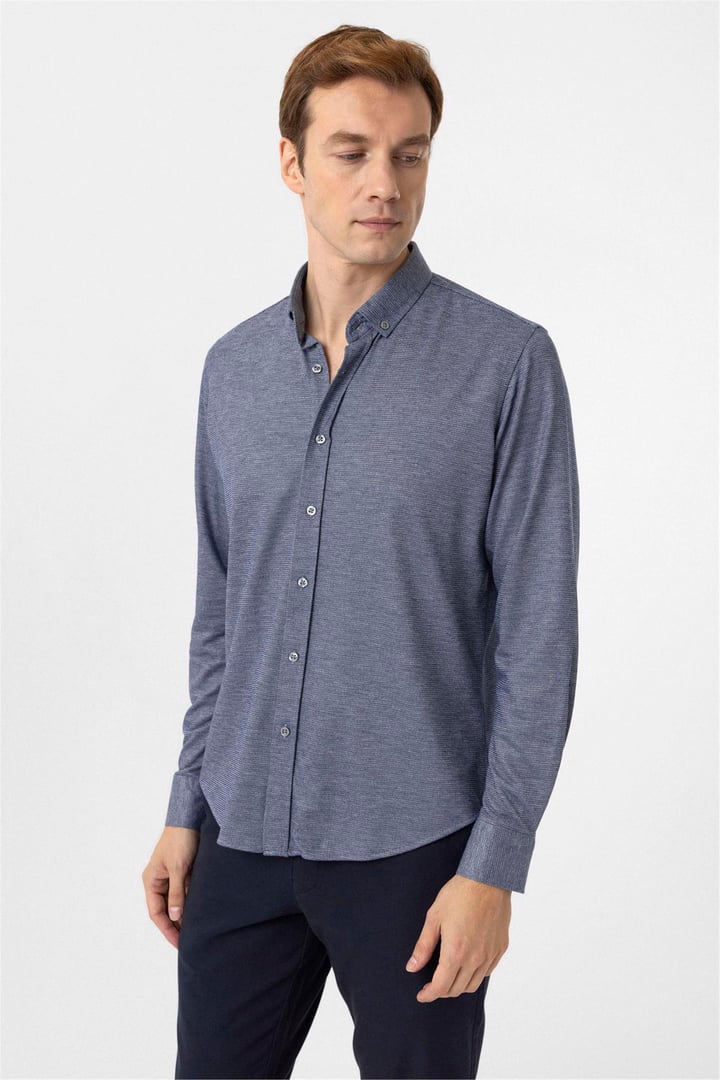 Lacivert Slim Fit Armürlü Düğmeli Yaka Gömlek