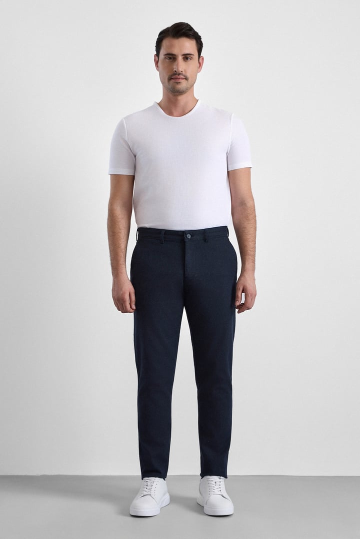 Lacivert Slim Armürlü Kanvas Casual Pantolon