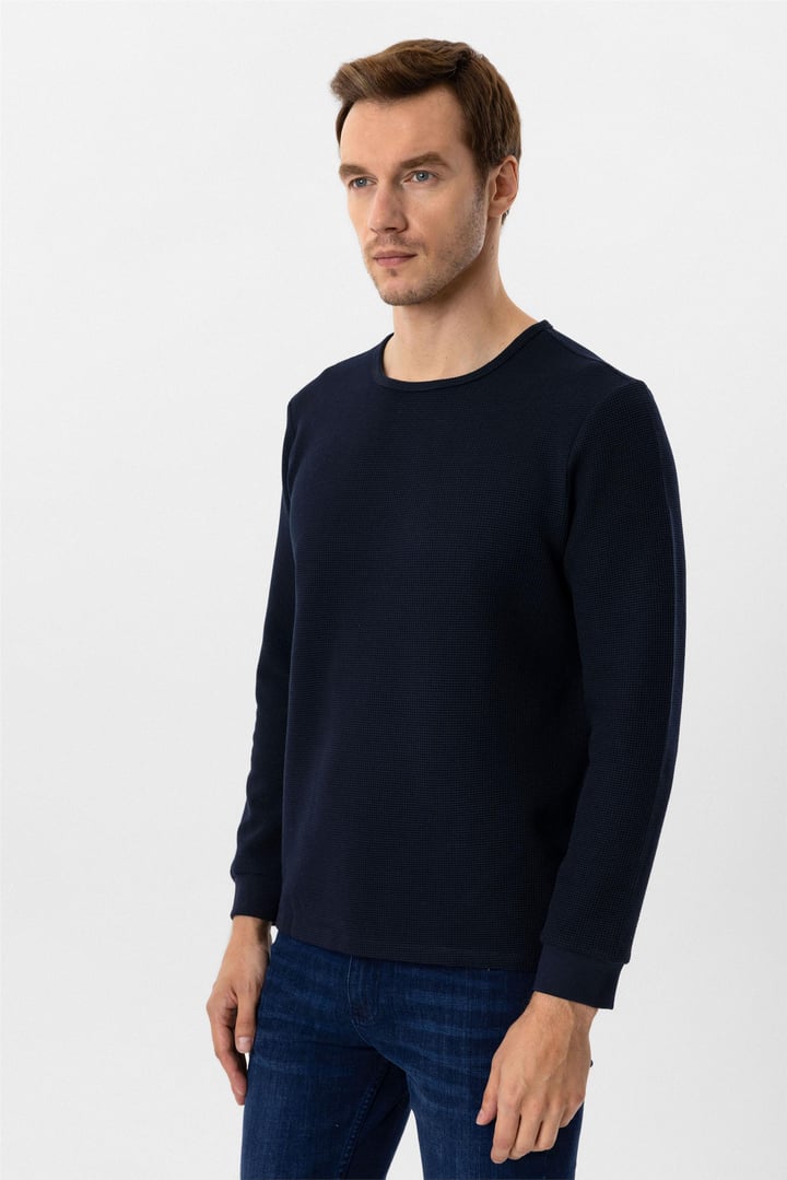 Lacivert Slim Fit Armürlü Bisiklet Yaka Triko Kazak