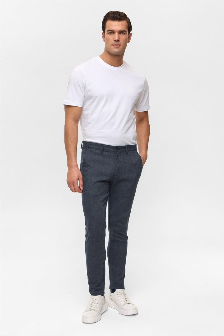 Lacivert Slim Armürlü Kanvas Pantolon