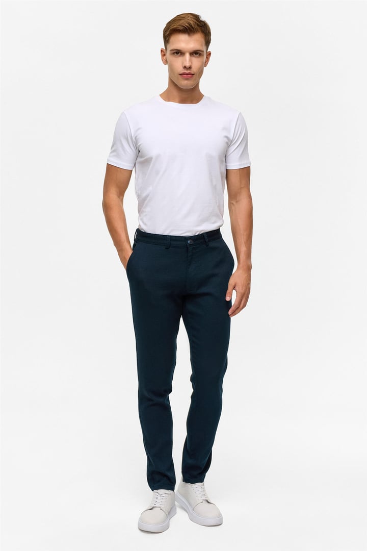 Lacivert Slim Armürlü Kanvas Pantolon