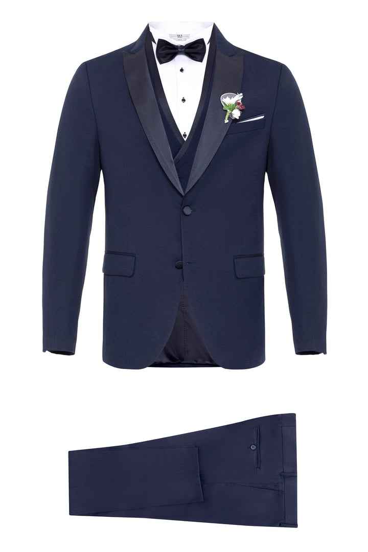 Lacivert Slim Fit Armürlü Sivri Yaka 6 Drop Smokin & Damatlık